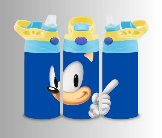 Kids flip-top bottle wrap with a blue cartoon hedgehog peeking around the corner