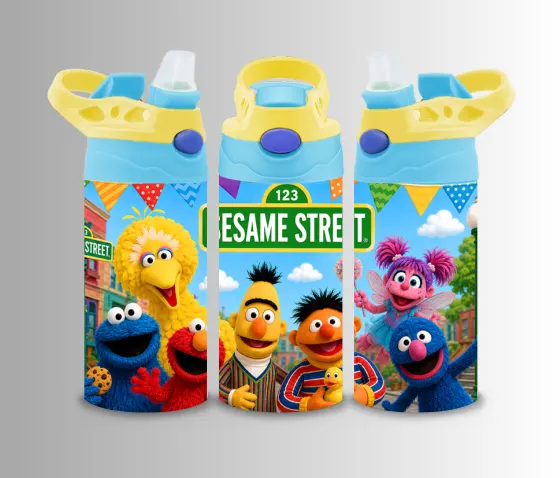 Kids flip-top bottle wrap with a row of colourful street puppet characters