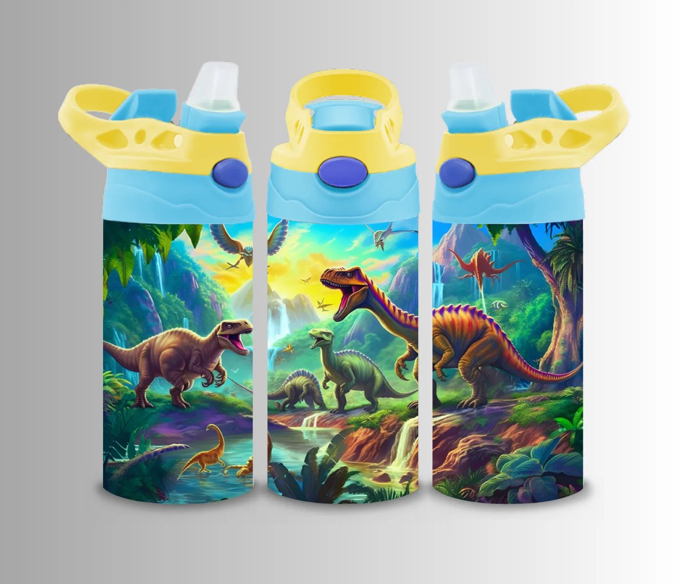 Kids flip-top bottle wrap with dinosaurs in a green prehistoric valley