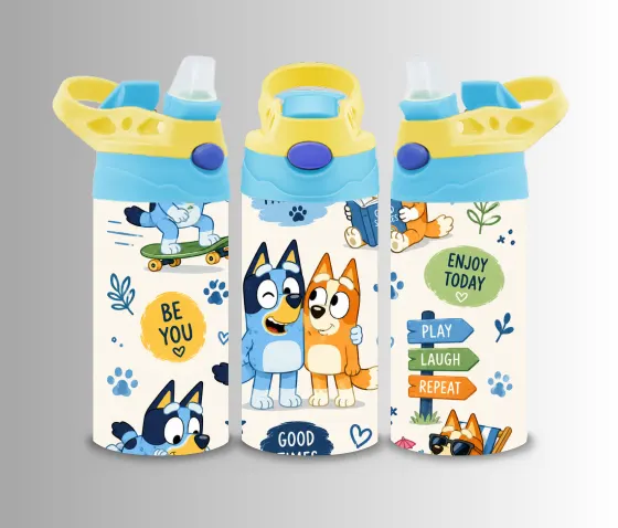 Kids flip-top bottle wrap with a blue cartoon dog family and Be You lettering