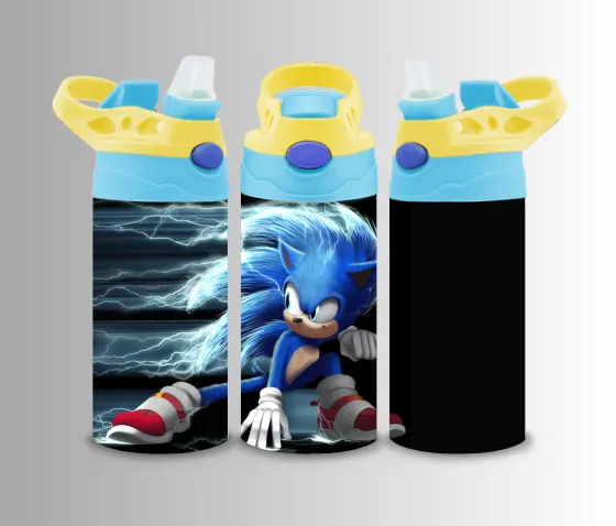 Kids flip-top bottle wrap with a blue cartoon hedgehog against a stormy ocean