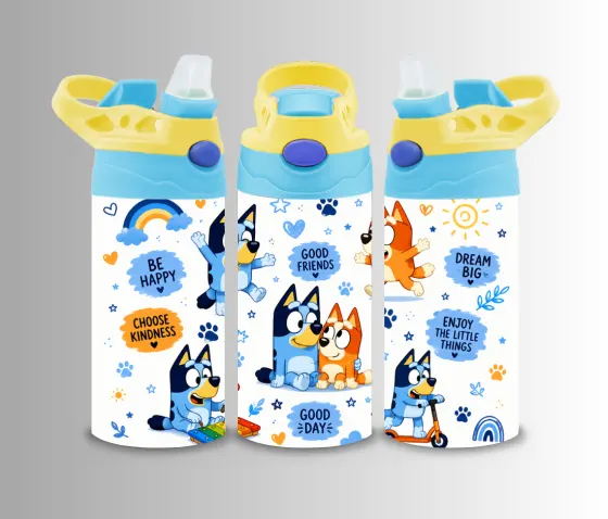 Kids flip-top bottle wrap with a blue cartoon dog family, rainbows and Good Days lettering