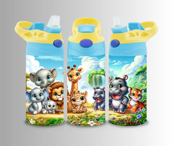 Kids flip-top bottle wrap with a baby giraffe, rhino, koala and elephant on safari