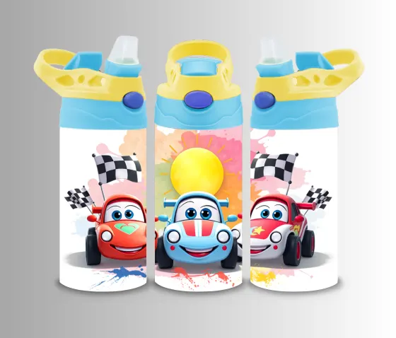 Kids flip-top bottle wrap with cartoon racing cars, chequered flags and balloons