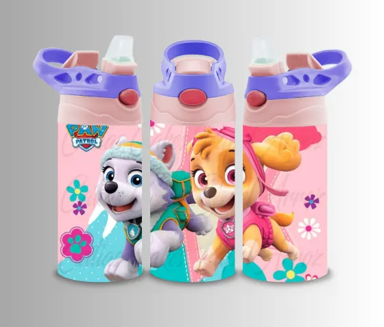 Kids flip-top bottle wrap with cartoon rescue puppies on a pink floral background