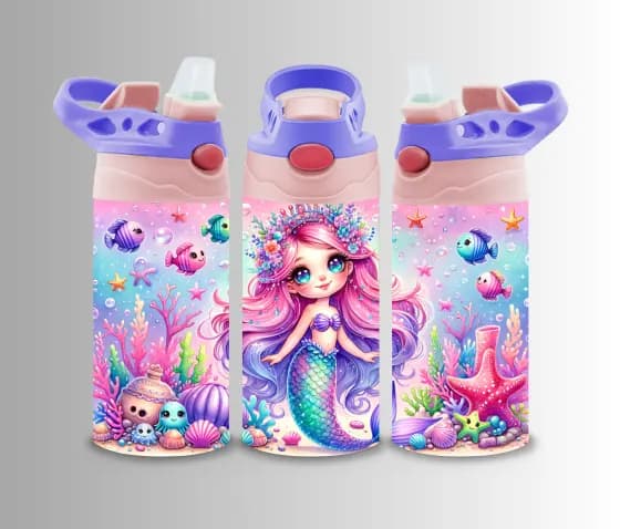 Kids flip-top bottle wrap with a mermaid, tropical fish and coral