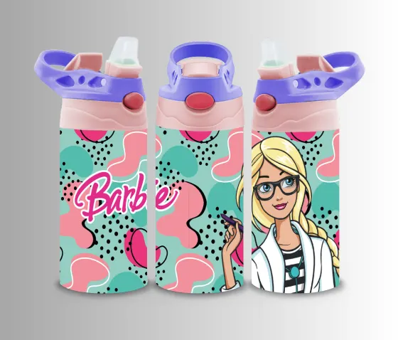 Kids flip-top bottle wrap with a fashion doll on mint and pink memphis shapes