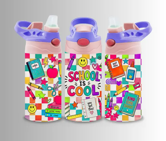 Kids flip-top bottle wrap reading School Is Cool in bright checkerboard panels