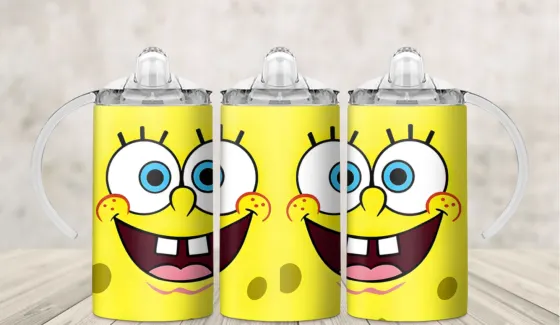 Kids sippy cup wrap with a cheerful yellow cartoon sponge character