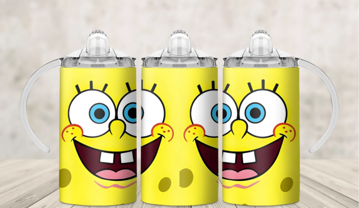 Kids sippy cup wrap with a cheerful yellow cartoon sponge character