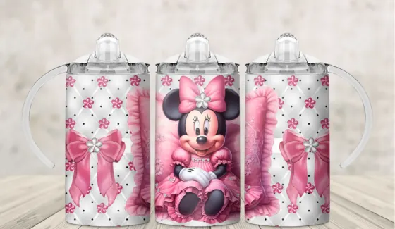 Kids sippy cup wrap with a bow-wearing cartoon mouse on pink