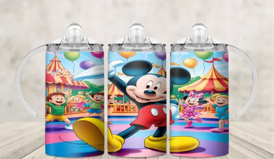 Kids sippy cup wrap with a cartoon mouse at a funfair carousel