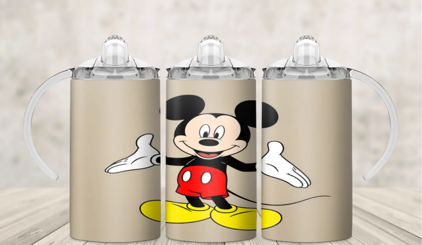 Kids sippy cup wrap with a classic cartoon mouse on warm beige
