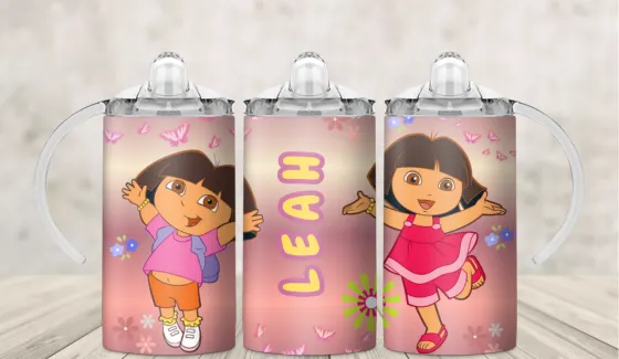 Kids sippy cup wrap with a cartoon explorer girl and space for a printed name