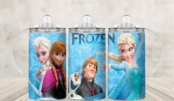 Kids sippy cup wrap with ice princess film characters and a snowman