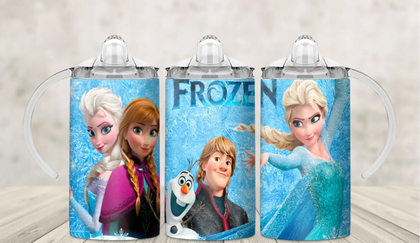 Kids sippy cup wrap with ice princess film characters and a snowman