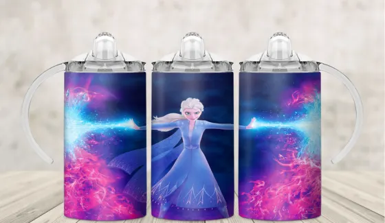 Kids sippy cup wrap with an ice queen in a purple magical snow scene