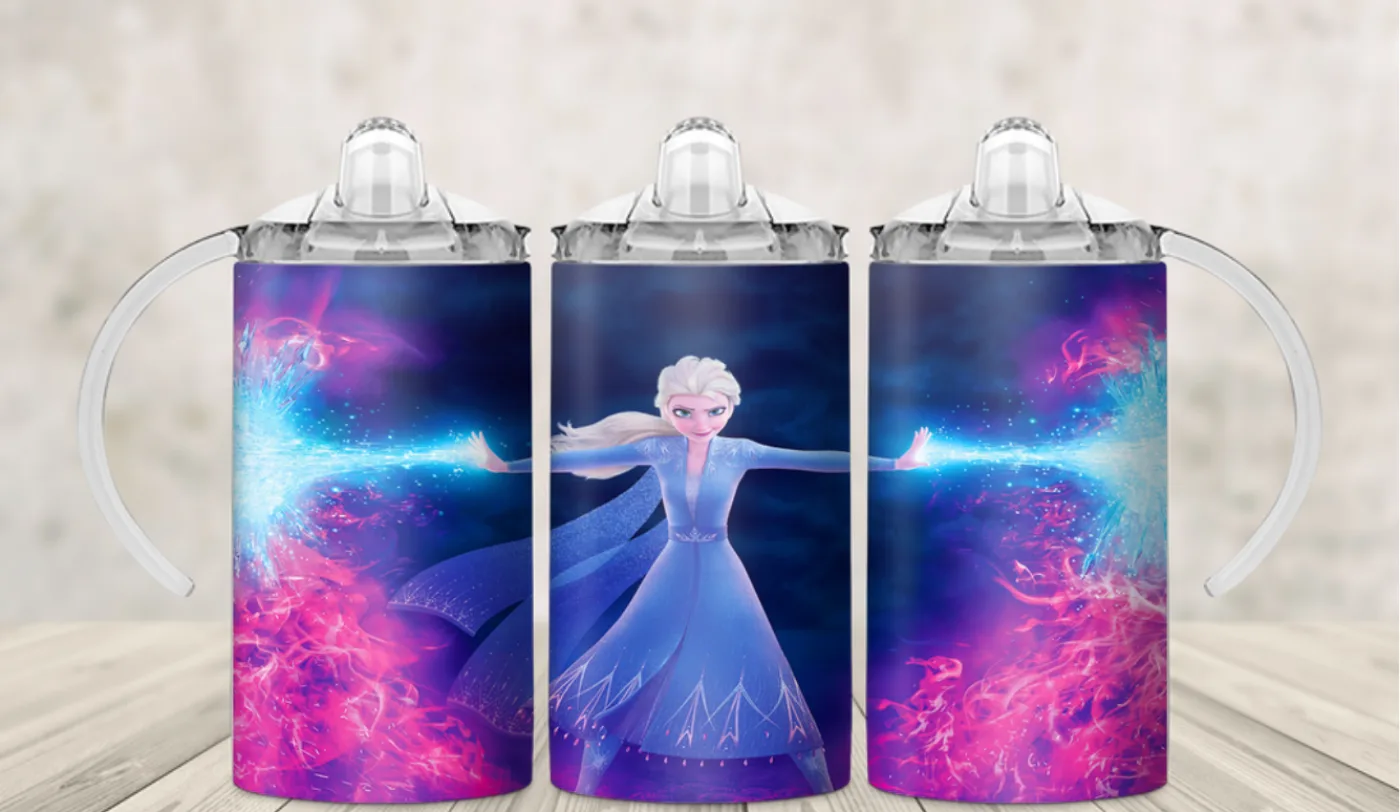 Kids sippy cup wrap with an ice queen in a purple magical snow scene