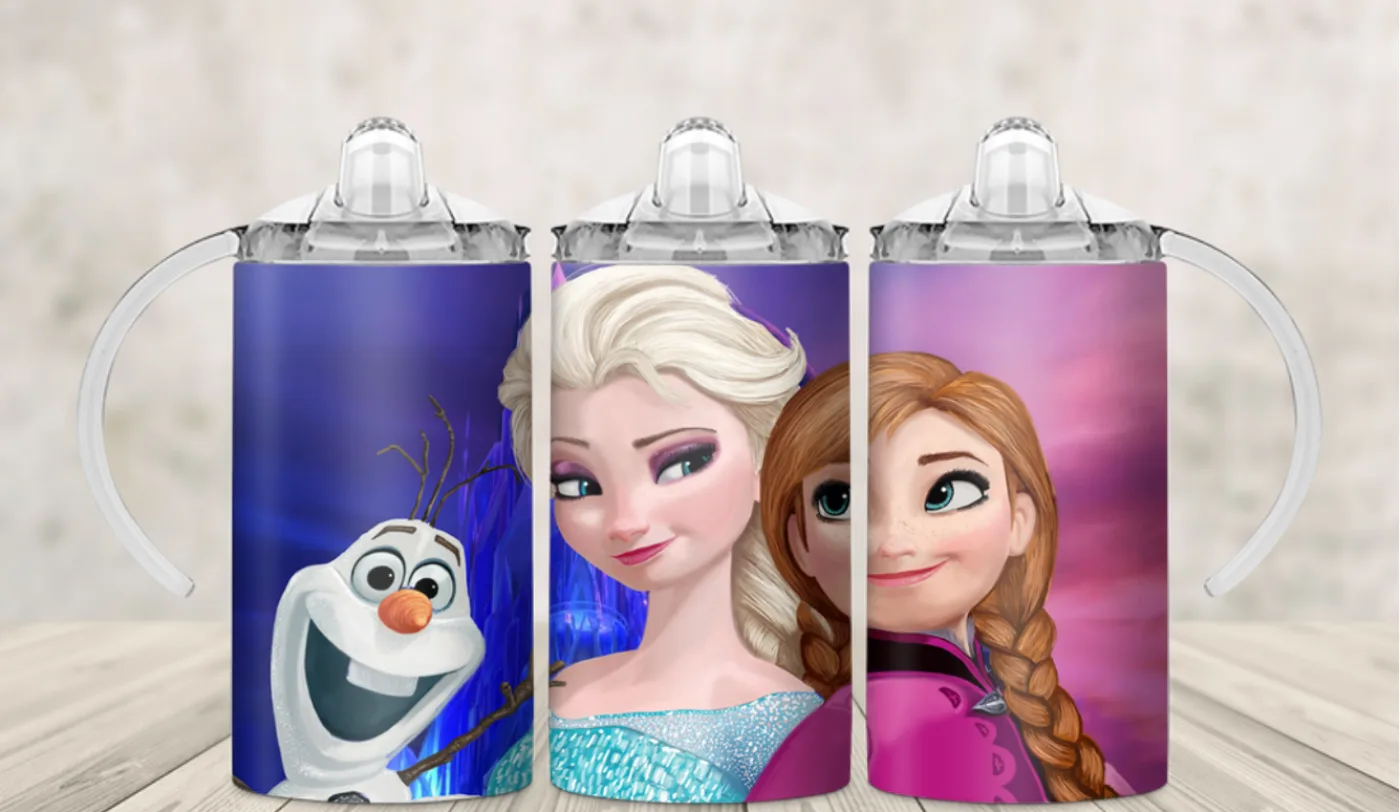 Kids sippy cup wrap with ice princess sisters, a snowman and falling snow