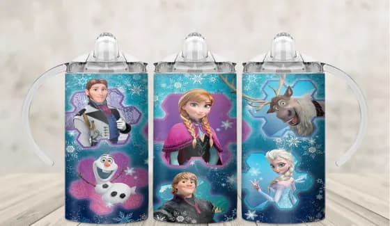 Kids sippy cup wrap with ice princess film characters on a deep blue winter night