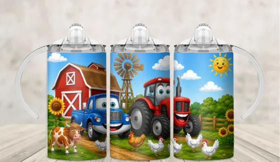 Kids sippy cup wrap with a red barn, tractor and farm chickens in sunshine