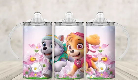 Kids sippy cup wrap with cartoon rescue puppies among pink flowers