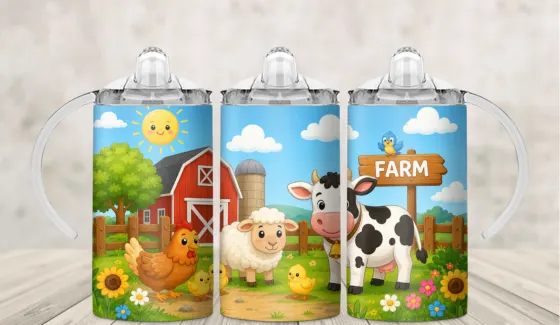 Kids sippy cup wrap with cartoon chickens, sheep and a cow in a green farmyard