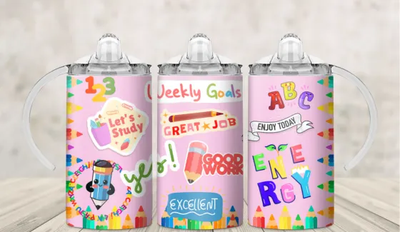 Kids sippy cup wrap of pink study stickers reading Let's Study and Great Job