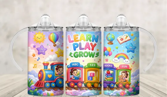 Kids sippy cup wrap reading Learn Play Grows with a rainbow train and stars