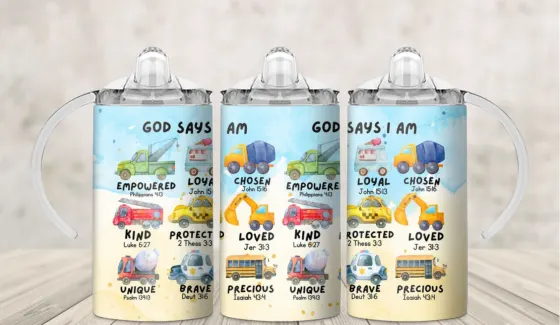 Kids sippy cup wrap reading God Says I Am with scripture cards for children