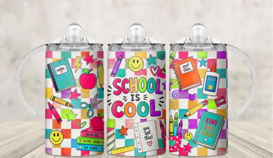 Kids sippy cup wrap reading School Is Cool with checkerboard and stationery