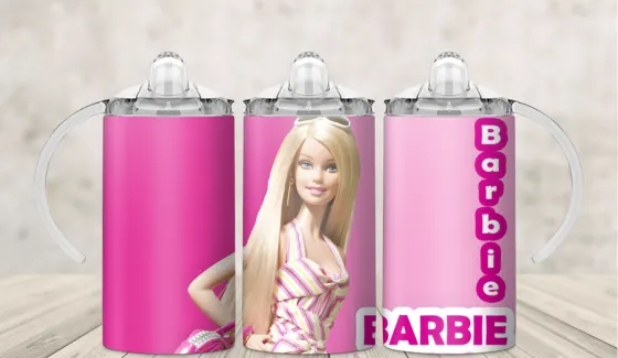 Kids sippy cup wrap with a fashion doll on hot pink panels