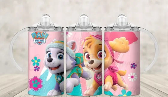 Kids sippy cup wrap with cartoon rescue puppies on pastel pink