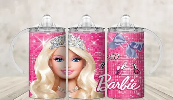 Kids sippy cup wrap with a fashion doll princess in a tiara on sparkling pink