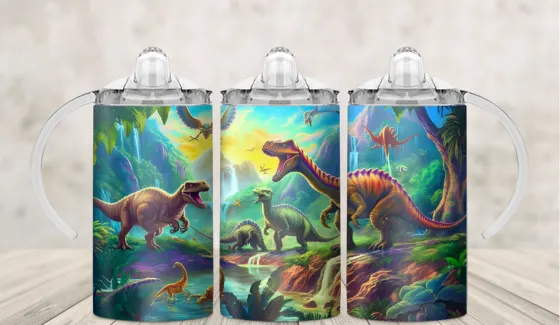 Kids sippy cup wrap with dinosaurs in a dark green jungle