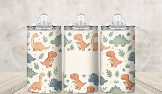 Kids sippy cup wrap with small pastel dinosaurs and ferns on cream