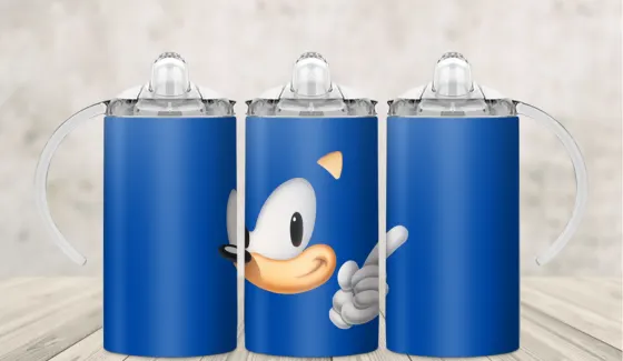 Kids sippy cup wrap with a blue cartoon hedgehog pointing, on royal blue