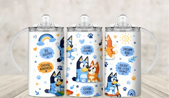 Kids sippy cup wrap with a blue cartoon dog family and Choose Kindness lettering