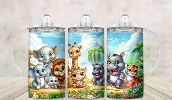 Kids sippy cup wrap with baby safari animals in tall grass