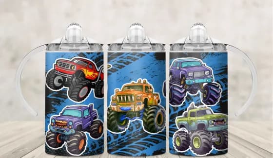 Kids sippy cup wrap with monster trucks on a dark industrial grid