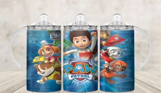 Kids sippy cup wrap with the full cartoon rescue puppy team and their leader