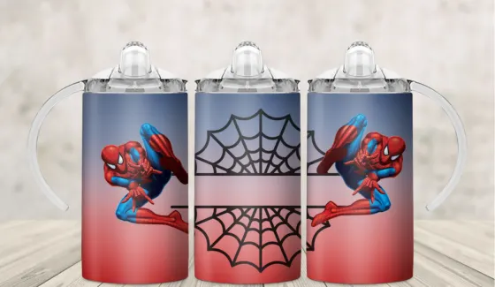 Kids sippy cup wrap with a red and blue web-slinging superhero and spiderwebs