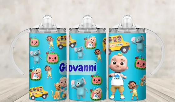 Kids sippy cup wrap with cartoon nursery-rhyme babies, a school bus and a printed name