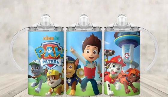 Kids sippy cup wrap with the cartoon rescue puppy crew and their lookout tower