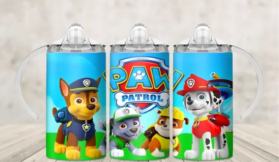 Kids sippy cup wrap with three cartoon rescue puppies side by side