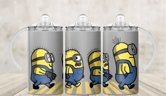 Kids sippy cup wrap with small yellow goggled cartoon helpers on grey