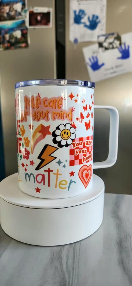 12oz Coffee Mug, 12oz white stainless steel coffee mug with a handle and clear lid