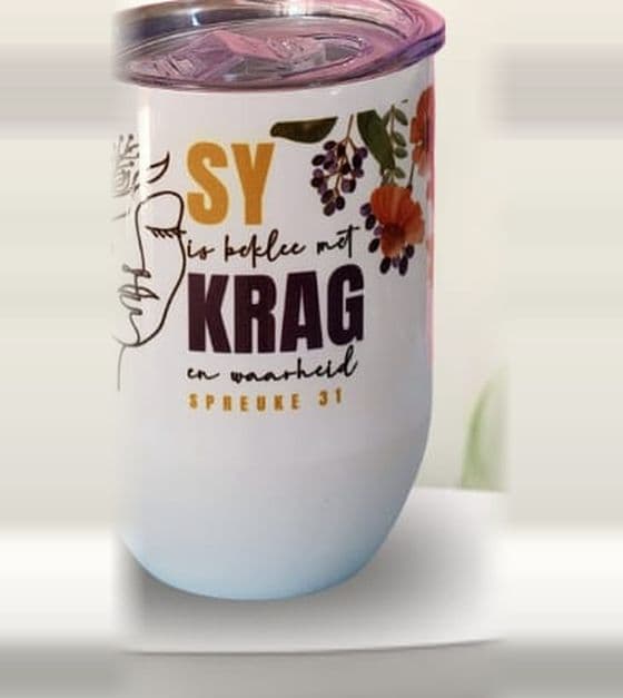 Sy is beklee met krag, 355ml stainless steel wine tumbler