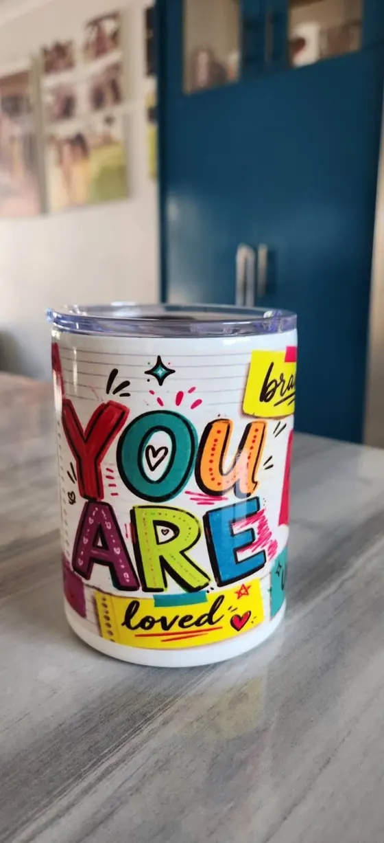 Stainless steel mug printed You Are Loved in bright colour-block lettering