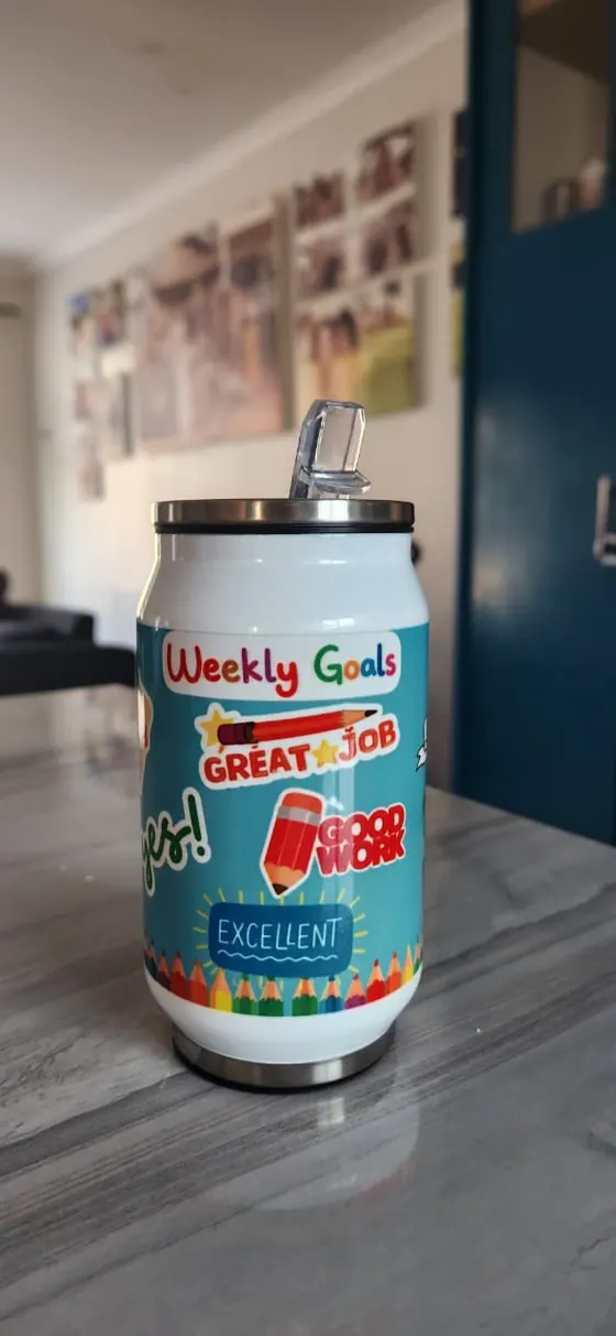 Teal can tumbler printed Weekly Goals with Great Job and Excellent reward stickers